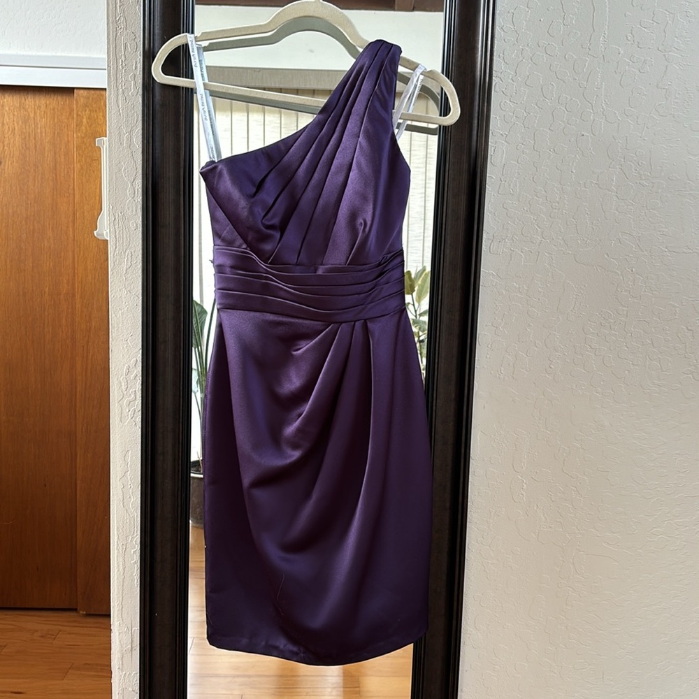 David’s Bridal Dark Purple One Shoulder Bridesmaid Cocktail Dress XS 2